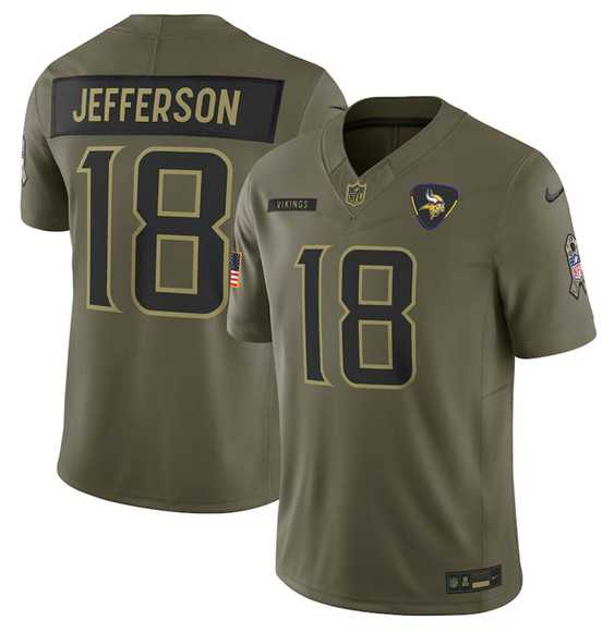Mens Minnesota Vikings #18 Justin Jefferson Olive 2025 Salute to Service Limited Stitched Jersey Dyin->minnesota vikings->NFL Jersey