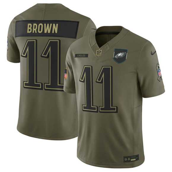 Men%27s Philadelphia Eagles #11 A.J. Brown Olive 2025 Salute to Service Limited Stitched Jersey Dyin->philadelphia eagles->NFL Jersey