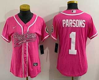 Women%27s Green Bay Packers #1 Micah Parsons Pink With Patch Cool Base Stitched Baseball Jersey->washington commanders->NFL Jersey