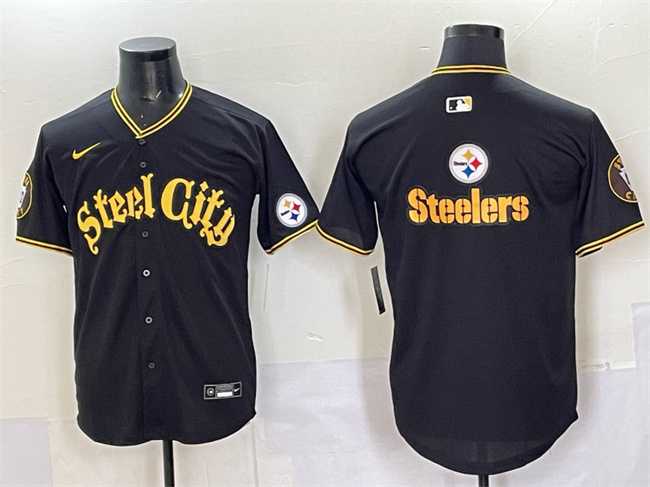 Men%27s Pittsburgh Steelers Team Big Logo Black 412 Patch Vapor Premier Limited Stitched Baseball Jersey->san francisco 49ers->NFL Jersey
