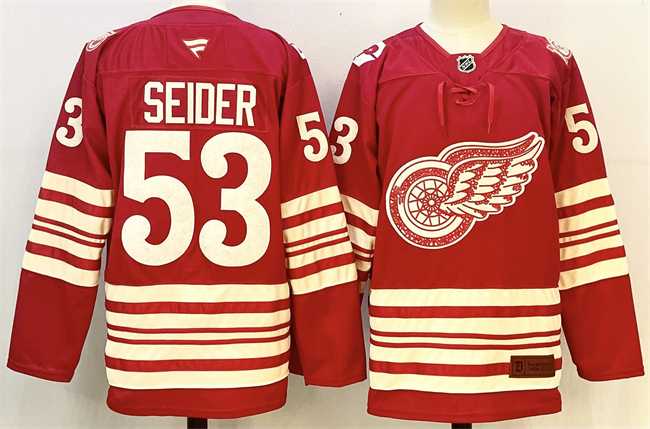 Mens Detroit Red Wings #53 Moritz Seider Red 2025-26 Centennial Premium Stitched Jersey->detroit red wings->NHL Jersey