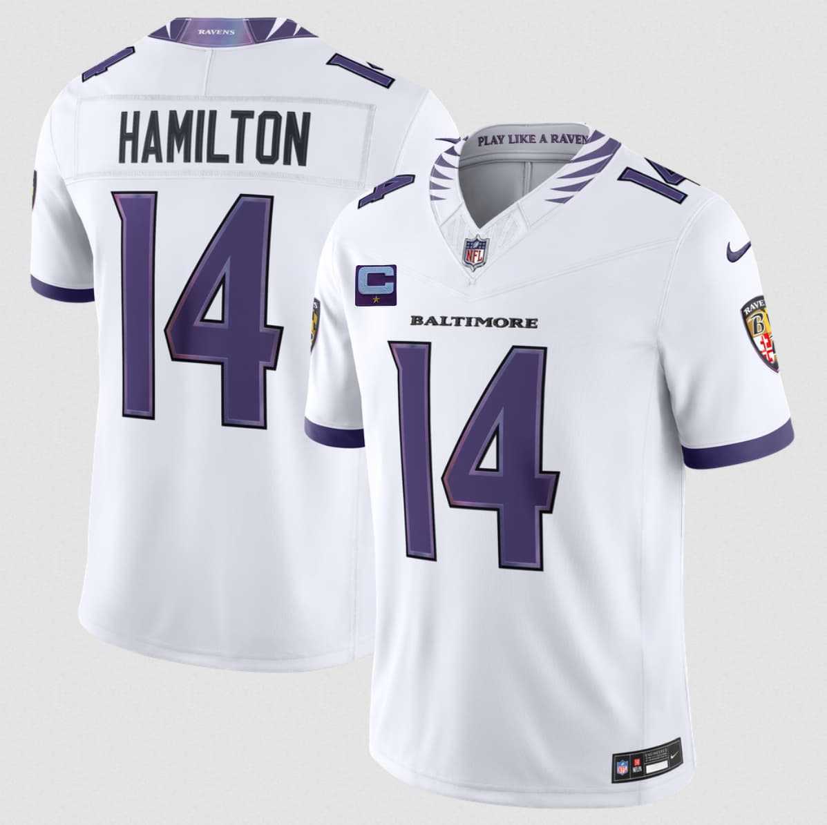 Mens Baltimore Ravens #14 Kyle Hamilton White 2026 With 1-Star C Patch F.U.S.E. Vapor Limited Stitched Jersey->baltimore ravens->NFL Jersey