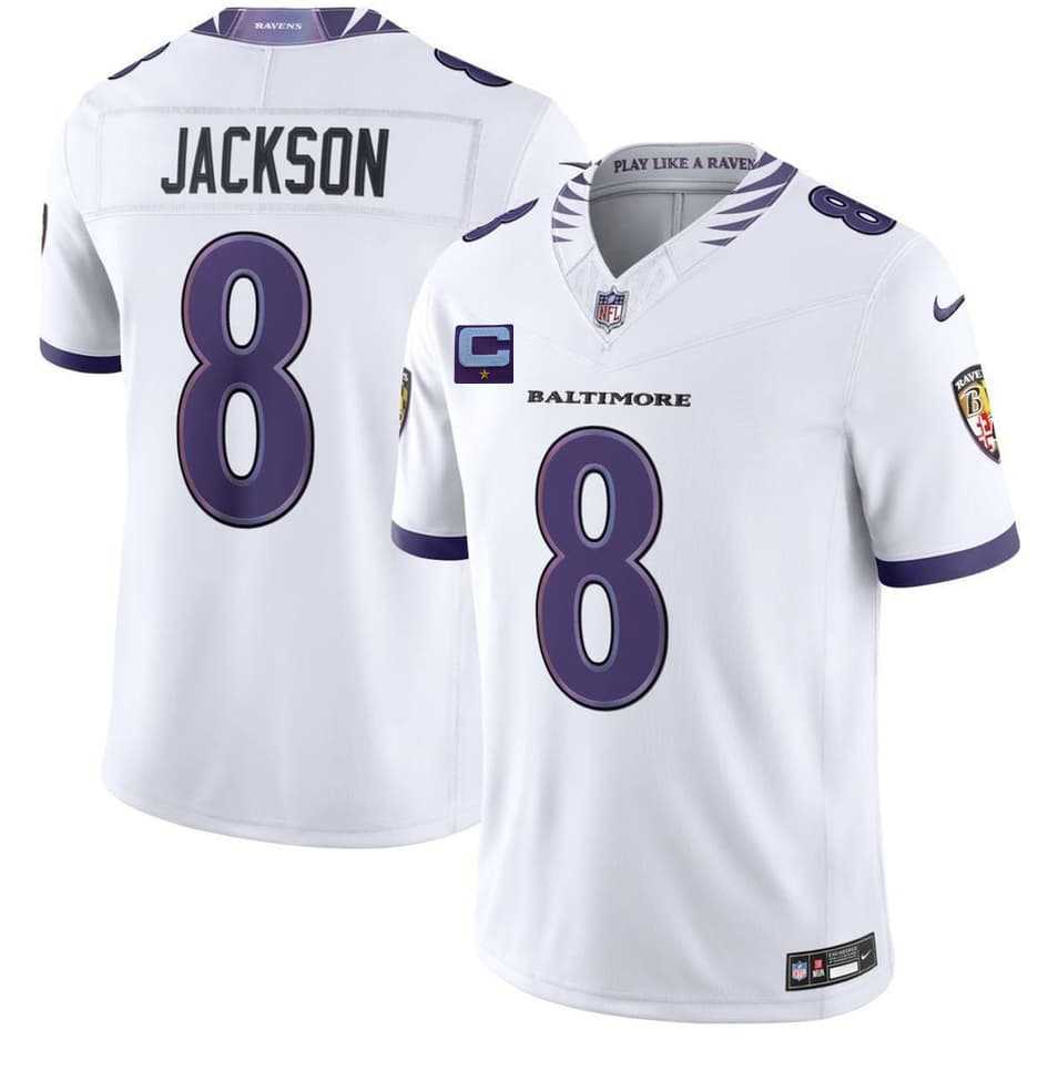 Mens Baltimore Ravens #8 Lamar Jackson White 2026 With 1-Star C Patch F.U.S.E. Vapor Limited Stitched Jersey->baltimore ravens->NFL Jersey