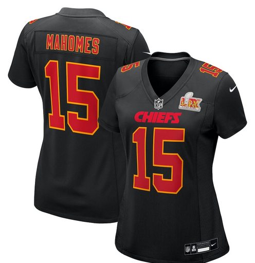 Women's Nike #15 Patrick Mahomes Carbon Black Kansas City Chiefs Super Bowl LIX Fashion Game Jersey->women nfl jersey->Women Jersey